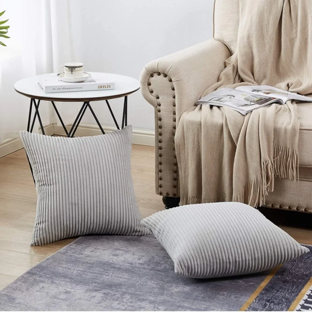 Luxury Home | Elegant Chic Light Grey Soft Corduroy Striped Throw Pillow Covers